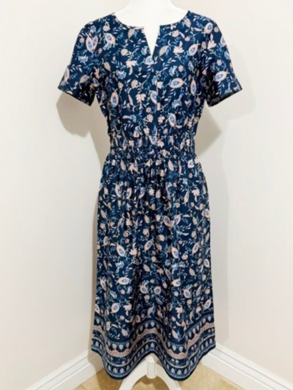 J. Jill Flutter Sleeve Midi Dress Prussian Blue Jacobean Vines Floral Size M